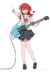 Rule 34 | 1girl, absurdres, black skirt, bocchi the rock!, bow, brown footwear, electric guitar, full body, green eyes, guitar, highres, holding, holding instrument, holding plectrum, instrument, kita ikuyo, knees together feet apart, loafers, long hair, looking at viewer, one side up, open mouth, pleated skirt, plectrum, red bow, red hair, sailor collar, school uniform, shoes, skirt, socks, solo, standing, takatisakana, white sailor collar, white socks