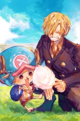Rule 34 | 2boys, :d, artist name, backpack, bag, blonde hair, blue bag, blue sky, closed eyes, cloud, commentary request, cotton candy, girikashi43, hair over one eye, highres, kneeling, male focus, multiple boys, on grass, one piece, open mouth, sanji (one piece), short hair, sky, smile, standing, teeth, tony tony chopper, v-shaped eyebrows