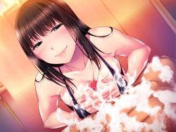 Rule 34 | 1girl, bare arms, bare shoulders, bikini, black eyes, black hair, blush, breasts squeezed together, breasts, bubuzuke, censored, clothed female nude male, game cg, large breasts, long hair, looking at viewer, lying, mosaic censoring, nude, paizuri, penis, relaxation yuka you: hitozuma therapist-tachi ni yoru iyashi no jikan, sleeveless, smile, soap bubbles, solo focus, swimsuit, upper body, wet