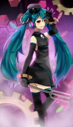 Rule 34 | 1girl, elbow gloves, gears, gloves, green hair, hat, hatsune miku, headphones, highres, long hair, peaked cap, project diva (series), project diva f, red eyes, sadistic music factory (vocaloid), solo, thighhighs, twintails, very long hair, vocaloid, yunare