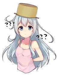 Rule 34 | 1girl, ?, apron, arms behind back, blue eyes, collarbone, cropped torso, floating hair, hibiki (kancolle), highres, kantai collection, long hair, looking at viewer, pink apron, silver hair, simple background, solo, very long hair, white background, zhi zhi/zu zu