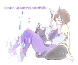 Rule 34 | 2girls, animal ears, barefoot, black pants, bodysuit, breasts, brown hair, commentary, crying, disintegration, dyarikku (vtuber), english commentary, english text, closed eyes, fox ears, hair behind ear, holding another&#039;s finger, indie virtual youtuber, lying, mechanical ears, mechanical hands, medium breasts, multiple girls, original, pants, parted lips, pink hair, purple bodysuit, short hair, sweatpants, tama gotoh, virtual youtuber, yoruny