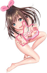 Rule 34 | 1girl, :d, barefoot, blue eyes, blush, breasts, breasts squeezed together, brown hair, cleavage, collarbone, convenient arm, convenient censoring, english text, engrish text, feet, from above, full body, gibun (sozoshu), hair ribbon, highres, holding, kizuna ai, kizuna ai inc., looking at viewer, looking up, medium breasts, multicolored hair, nude, open mouth, pink ribbon, ponytail, ranguage, ribbon, round teeth, simple background, sitting, smile, solo, streaked hair, swept bangs, tareme, teeth, thumbs up, toes, upper teeth only, virtual youtuber, white background