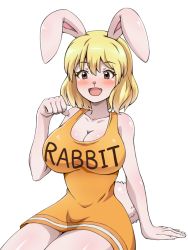 Rule 34 | 1girl, animal ears, blonde hair, blush, breasts, rabbit, carrot (one piece), cleavage, clothes writing, large breasts, one piece, paw pose, rabbit ears, rabbit girl, rabbit tail, sitting, solo, tail, wokuni