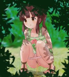 Rule 34 | 1girl, brown eyes, brown hair, bush, cleft of venus, female pubic hair, hand on own knee, highres, idolmaster, idolmaster cinderella girls, ogata chieri, open mouth, outdoors, panties, panty pull, peeing, pubic hair, pussy, solo, squatting, uncensored, underwear