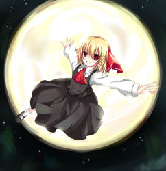 Rule 34 | 1girl, ascot, blonde hair, cradle (2849), embodiment of scarlet devil, female focus, full moon, highres, mary janes, moon, outstretched arms, red eyes, rumia, shoes, short hair, solo, spread legs, touhou