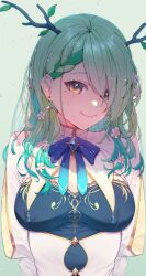 Rule 34 | 1girl, amulet, antlers, blue dress, blue ribbon, braid, branch, breasts, ceres fauna, ceres fauna (1st costume), cleavage, dress, earrings, flower, french braid, green hair, hair flower, hair ornament, highres, hololive, hololive english, horns, jewelry, leaf, long hair, looking at viewer, medium breasts, mole, mole under eye, multicolored hair, rat huang, ribbon, shade, smile, solo, upper body, virtual youtuber, white dress, yellow eyes