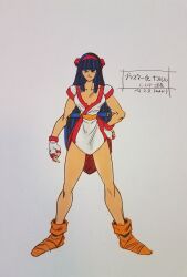 Rule 34 | 1girl, ainu clothes, blue hair, breasts, cleavage, concept art, curvy, dated, fingerless gloves, gloves, hair ribbon, hand on own hip, highres, japanese text, large breasts, legs, long hair, looking at viewer, nakoruru, no bra, official art, ribbon, samurai spirits, shoes, snk, solo, thighs, traditional media, translation request, weapon