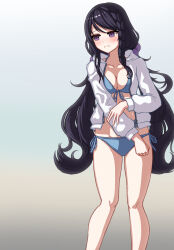 Rule 34 | 1girl, absurdres, bikini, bikini under clothes, black hair, black survival, blue bikini, blush, braid, breasts, brown background, cleavage, closed mouth, collarbone, eternal return: black survival, feet out of frame, front-tie bikini top, front-tie top, gradient background, grey background, highres, hyejin (black survival), jacket, long hair, long sleeves, looking to the side, low twintails, medium breasts, open clothes, open jacket, puffy long sleeves, puffy sleeves, purple eyes, side-tie bikini bottom, solo, standing, stratosphere (coom1017), swimsuit, twintails, very long hair, white jacket
