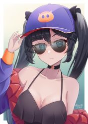 Rule 34 | 1girl, absurdres, alternate costume, aqua eyes, asymmetrical hair, aviator sunglasses, bare shoulders, baseball cap, black choker, black hair, blush, breasts, camisole, choker, cleavage, closed mouth, collarbone, commentary, dated, genshin impact, gradient background, green background, hand on headwear, hand up, hat, highres, jacket, jisas, long hair, looking at viewer, medium breasts, mona (genshin impact), off shoulder, open clothes, open jacket, purple hat, purple jacket, sidelocks, solo, sunglasses, tinted eyewear, twintails, upper body