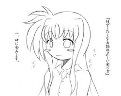 Rule 34 | 00s, 1girl, asymmetrical hair, blush, blush stickers, buttons, collarbone, fate testarossa, greyscale, long sleeves, lyrical nanoha, mahou shoujo lyrical nanoha, monochrome, monochrome, sch, sidelocks, smile, solo, text focus, translated, upper body