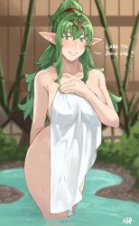 Rule 34 | 1girl, bamboo, bath, blush, breasts, commentary, covering privates, english commentary, english text, fingernails, fire emblem, fire emblem awakening, green eyes, green hair, green nails, hair between eyes, hair ornament, highres, jewelry, large breasts, lips, long hair, looking at viewer, mole, mole on breast, nintendo, nude cover, onsen, partially submerged, pink lips, pointy ears, ponytail, sakuremi, seductive smile, sidelocks, signature, smile, solo, tiki (adult) (fire emblem), tiki (fire emblem), towel, water, wet