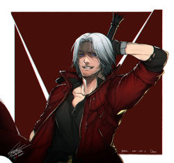 Rule 34 | 1boy, beard, blue eyes, character name, copyright name, dante (devil may cry), devil may cry (series), devil may cry 5, facial hair, grey hair, hiryuu (kugelcruor), jacket, male focus, rebellion (sword), red jacket, signature, solo, sword, sword behind back, weapon