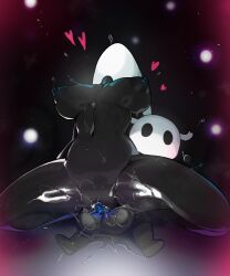 Rule 34 | 1boy, 1girl, black skin, breasts, breasts apart, colored skin, completely nude, head back, heart, highres, hollow knight, hornet (hollow knight), horns, huge testicles, incest, knight (hollow knight), large breasts, looking at viewer, mdthetest, navel, nipples, nude, pussy, pussy juice, reclining, reverse cowgirl position, sex, sex from behind, siblings, size difference, spread legs, straddling, sweat, testicles, thumbs up, vaginal