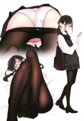 Rule 34 | 1girl, absurdres, ama mitsuki, ass, backpack, bag, bed sheet, bent over, black footwear, black pantyhose, brown eyes, brown hair, clothes pull, collared shirt, dated, flat chest, glasses, grey skirt, grey sweater, grey sweater vest, hair tie, highres, holding, holding phone, legs together, loafers, looking at phone, looking at screen, looking at viewer, lying, multiple views, navel, no shoes, non-web source, on back, original, panties, pantyhose, pantyhose pull, phone, plaid, plaid skirt, pleated skirt, ponytail, satin, satin panties, scan, school uniform, shirt, shoes, signature, simple background, skirt, sweater, sweater vest, underwear, white panties, white shirt