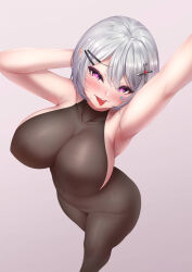 Rule 34 | 1girl, absurdres, aoi hinamori, arm up, blush, bodystocking, breasts, cross, from above, grey hair, hair ornament, heart, heart-shaped pupils, highres, indie virtual youtuber, john zerowb, large breasts, latin cross, looking at viewer, nipples, pointy ears, purple eyes, see-through, short hair, simple background, solo, symbol-shaped pupils, tongue, tongue out, virtual youtuber