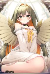 Rule 34 | 1girl, :3, angel, ankle cuffs, blurry, blurry foreground, blush, chain, colored inner hair, detached collar, dress, grey hair, hair intakes, highres, kneeling, konogi nogi, long sleeves, looking at viewer, multicolored hair, off-shoulder dress, off shoulder, orange hair, original, ribbon, signature, smile, solo, spread wings, white dress, wings, yellow ribbon