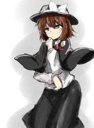 Rule 34 | 1girl, black hat, black skirt, blush, bow, bowtie, brown eyes, brown hair, capelet, closed mouth, collared shirt, efukei, hair between eyes, hair bow, hand up, hat, hat bow, highres, long sleeves, multicolored background, red bow, red bowtie, shirt, skirt, solo, sweat, touhou, two-tone background, usami renko, white bow, white shirt