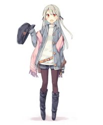 Rule 34 | 1girl, bag, boots, buttons, cabbie hat, camera, fanny pack, full body, hat, holding, holding clothes, holding hat, jacket, jpeg artifacts, long hair, long sleeves, looking at viewer, open mouth, original, pantyhose, pink scarf, poco (asahi age), red eyes, scarf, shorts, simple background, solo, standing, unworn hat, unworn headwear, white background, white hair