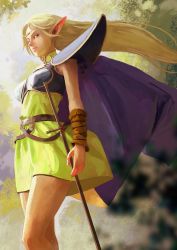 Rule 34 | 1girl, armor, blonde hair, cape, circlet, closed mouth, deedlit, dress, elf, green eyes, highres, itou satoshi, long hair, looking at viewer, pointy ears, record of lodoss war, skirt, solo, sword, weapon