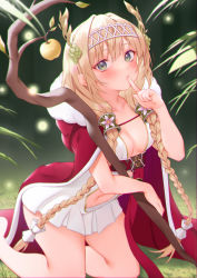 Rule 34 | 1girl, apple, blonde hair, blush, braid, breasts, character request, finger to mouth, food, food-themed hair ornament, fruit, grape hair ornament, green eyes, hair ornament, headband, highres, holding, holding staff, idun (tower of saviors), kneeling, legs, long hair, looking at viewer, medium breasts, navel, solo, staff, thighs, tower of saviors, twin braids, very long hair, zhaofeng yinyue