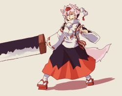 Rule 34 | 1girl, animal ears, detached sleeves, fingerless gloves, full body, geta, gloves, grey hair, grin, hat, holding, holding sword, holding weapon, huge weapon, inubashiri momiji, looking afar, pom pom (clothes), ratenbo, red eyes, sarashi, short hair, simple background, smile, smirk, solo, standing, sword, tail, tengu-geta, tokin hat, touhou, weapon, wide sleeves, wolf ears, wolf tail