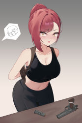 1girl absurdres arms_behind_back asymmetrical_bangs bare_shoulders black_bustier blush breasts castle_knight_charlotte cleavage constricted_pupils grey_pants gun handgun highres holster large_breasts leaning_forward long_hair looking_at_viewer m1911 magazine_(weapon) midriff navel nose_blush open_mouth pants ponytail puleudingding red_hair solo stomach sweatdrop v-shaped_eyebrows waktaverse weapon yellow_eyes