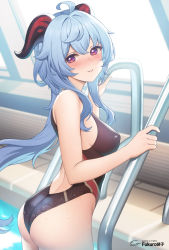 Rule 34 | 1girl, ahoge, arched back, artist name, ass, bare shoulders, black one-piece swimsuit, blue hair, blurry, blurry background, blush, breasts, commentary, competition swimsuit, cowboy shot, from side, fukuro daizi, ganyu (genshin impact), genshin impact, goat horns, hair between eyes, highres, horns, indoors, long hair, looking at viewer, medium breasts, one-piece swimsuit, parted lips, pool, pool ladder, purple eyes, rei no pool, smile, solo, swimsuit, water, wet, wet clothes, wet swimsuit, window