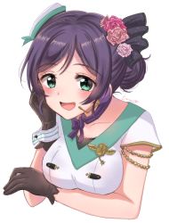 Rule 34 | 1girl, :d, aqua eyes, armlet, artist name, black gloves, blush, breast hold, breasts, commentary request, cropped torso, eneco, flower, gloves, hair bun, hair flower, hair ornament, hair up, hat, headset, looking at viewer, love live!, love live! school idol festival, love live! school idol project, medium breasts, open mouth, pink flower, purple hair, simple background, single hair bun, smile, solo, tojo nozomi, upper body, white background, wrist cuffs