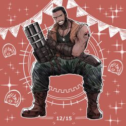 Rule 34 | 1boy, barret wallace, beard, black hair, black shirt, boots, brown background, brown footwear, brown vest, dark-skinned male, dark skin, dated, dog tags, facial hair, final fantasy, final fantasy vii, final fantasy vii remake, fingerless gloves, gloves, green pants, grin, happy birthday, highres, male focus, marlene wallace, muscular, muscular male, nnnmmg0725, pants, pectorals, prosthetic weapon, shirt, short hair, shoulder tattoo, smile, solo, sparkle, squatting, tank top, tattoo, teeth, thigh strap, very short hair, vest