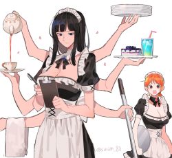 Rule 34 | 2girls, apron, black dress, black eyes, black hair, black neckwear, blunt bangs, breasts, brown eyes, cake, cleavage, cleavage cutout, clothing cutout, commentary, cup, dress, extra arms, food, hana hana no mi, holding, holding notepad, holding pen, holding plate, holding teapot, holding tray, joman, korean commentary, looking at another, looking down, maid, maid apron, maid headdress, multiple girls, multitasking, mundane utility, nami (one piece), neck ribbon, nico robin, notepad, one piece, open mouth, orange hair, pen, plate, plate stack, pouring, puffy short sleeves, puffy sleeves, ribbon, short hair, short sleeves, simple background, teacup, teapot, towel, tray, twitter username, white apron, white background