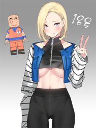 Rule 34 | 1boy, 1girl, android 18, aqua nails, black pants, blonde hair, blue eyes, blush, breasts, closed mouth, collarbone, cowboy shot, crop top, cropped jacket, dragon ball, dragonball z, earrings, gradient background, grey background, hand up, high-waist pants, jacket, jewelry, kuririn, large breasts, lego minifig, long sleeves, looking at viewer, midriff, nail polish, navel, open clothes, open jacket, pants, popqn, short hair, sleeveless, standing, striped, thigh gap, underboob, v, white background, zipper, zipper pull tab