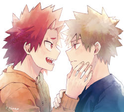 Rule 34 | 2boys, adcalcium, bakugou katsuki, black shirt, blonde hair, blush, boku no hero academia, closed mouth, commentary request, from side, hand on another&#039;s arm, hand on another&#039;s face, hood, hood down, hoodie, kirishima eijirou, long sleeves, looking at another, male focus, multiple boys, open mouth, orange hoodie, red eyes, red hair, sharp teeth, shirt, short hair, signature, simple background, spiked hair, teeth, white background, yaoi