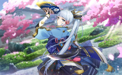 Rule 34 | 1girl, architecture, arm guards, arm up, armor, artist name, ayaka (genshin impact), back bow, blue bow, blue eyes, blue hair, blue jacket, blue skirt, blunt bangs, blurry, blurry background, blush, bow, breastplate, bridal gauntlets, building, cherry blossoms, closed mouth, cloud, commentary, day, dou, east asian architecture, english commentary, eyelashes, falling petals, floating hair, flower knot, folding fan, from behind, genshin impact, gold trim, hair ornament, hair ribbon, hand fan, high ponytail, highres, holding, holding fan, jacket, japanese armor, japanese clothes, kusazuri, light blue hair, light rays, long hair, looking at viewer, looking back, outdoors, petals, pink ribbon, pleated skirt, ponytail, ribbon, sa nak, sidelocks, skirt, sky, smile, snowflake print, solo, standing, sunlight, tassel, tree, tress ribbon, twitter username, very long hair, vision (genshin impact)