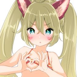 Rule 34 | 1girl, animal ears, aqua eyes, bare shoulders, bikini, bikini top lift, blonde hair, blush, breasts, clothes lift, collarbone, commentary, elin, eyes visible through hair, facial tattoo, hair between eyes, heart, heart hands, heart tattoo, long hair, looking at viewer, mojarin (kihara mojarin), simple background, small breasts, solo, striped bikini, striped clothes, swimsuit, tattoo, tera online, twintails, upper body, white background