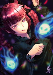 Rule 34 | 1girl, :q, animal ears, black bow, black bowtie, blue fire, blunt bangs, blurry, bokeh, bow, bowtie, braid, cat ears, dark background, depth of field, dress, dutch angle, extra ears, eyebrows hidden by hair, fire, flaming skull, floating skull, ghost, green dress, hands up, highres, hitodama, kaenbyou rin, licking lips, long hair, mononobe kanako, nail polish, paw pose, red eyes, red hair, red nails, skull, slit pupils, solo, sparkle background, subterranean animism, tongue, tongue out, touhou, twin braids, twintails, upper body