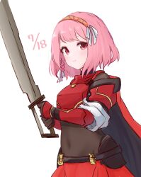 Rule 34 | 1girl, armor, braid, cape, dated, fire emblem, fire emblem engage, grey hairband, hairband, highres, holding, holding sword, holding weapon, lapis (fire emblem), lillian8710, nintendo, pink eyes, pink hair, red armor, red cape, red hairband, ribbon, shoulder armor, side braid, solo, sword, two-tone hairband, weapon, white ribbon