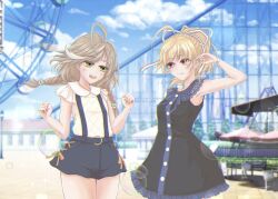 Rule 34 | 2girls, :d, ahoge, amusement park, andou tazusa, arm at side, arm up, armpits, assault lily, bare arms, bare shoulders, bear hair ornament, bench, black dress, black shorts, blonde hair, blue ribbon, blue sky, blurry, blurry background, blush, braid, breasts, bubble, building, buttons, carousel, chromatic aberration, clenched hands, closed mouth, clothes writing, cloud, commentary request, cross-laced clothes, cross-laced shorts, day, dress, ferris wheel, frilled dress, frilled sleeves, frills, grey hair, hair ornament, hair ribbon, hand up, hands up, highres, jewelry, long hair, looking at another, low twin braids, low twintails, medium breasts, medium hair, multicolored hair, multicolored ribbon, multiple girls, neck ribbon, necklace, official alternate hairstyle, open mouth, orange ribbon, outdoors, parasol, pendant, ponytail, red eyes, red ribbon, ribbon, ring, roller coaster, sasaki ran, shirt, short sleeves, shorts, sky, sleeveless, sleeveless dress, smile, sparkle, standing, streaked hair, striped ribbon, suspender shorts, suspenders, teeth, twin braids, twintails, umbrella, upper teeth only, w arms, white ribbon, white shirt, wristband, yajiuma no jesse, yellow eyes
