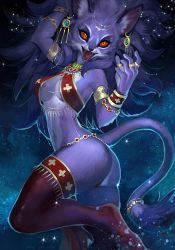 Rule 34 | 1girl, alternate form, animal ears, armlet, bra, bracelet, breasts, cat ears, cat girl, cat tail, claws, colored sclera, earrings, fangs, furry, highres, isabella (seiken densetsu 3), jewelry, julia the dragon cat, necklace, open mouth, panties, purple fur, purple hair, red sclera, seiken densetsu, seiken densetsu 3, sky, slit pupils, star (sky), star (symbol), starry background, starry sky, tail, tail ornament, thighhighs, underwear