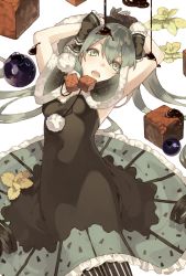 Rule 34 | 1girl, arms up, bad id, bad pixiv id, black dress, chocolate, chocolate syrup, cowboy shot, cube, dress, gloves, green eyes, green hair, hair between eyes, hatsune miku, long hair, looking at viewer, open mouth, pantyhose, pig ggul, solo, striped clothes, striped pantyhose, vertical-striped clothes, vertical-striped pantyhose, vocaloid, white background