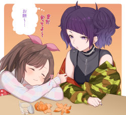 Rule 34 | 2girls, black shirt, bow, brown hair, camouflage, cup, diagonal bangs, ear piercing, earrings, eating, food, fruit, hair bow, hoop earrings, idolmaster, idolmaster shiny colors, jacket, jewelry, looking at another, mandarin orange, multiple girls, nail polish, off shoulder, open clothes, open jacket, otsuki38, piercing, pink bow, ponytail, purple eyes, purple hair, purple nails, see-through, shirt, short twintails, spoon, sweater, swept bangs, tanaka mamimi, thought bubble, tsukioka kogane, turtleneck, turtleneck sweater, twintails