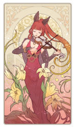 Rule 34 | 10s, 1girl, animal ears, art nouveau, blunt bangs, border, breasts, bridal gauntlets, cape, cat ears, cleavage, dress, erune, flower, gb hm, gradient background, granblue fantasy, holding, instrument, leaf, light particles, lily (flower), lips, long hair, mole, mole under eye, music, open mouth, playing instrument, ponytail, red dress, red hair, selfira, solo, standing, violin