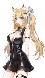 Rule 34 | 1girl, animal ear fluff, animal ears, arm strap, arms behind back, bare arms, bare shoulders, bell, black choker, black dress, blonde hair, bow, breasts, caba (caba091), cat ears, choker, cleavage, collared dress, contrapposto, cowboy shot, diamond-shaped pupils, diamond (shape), dress, food, green eyes, hair bow, hair ornament, hairclip, highres, jewelry, jingle bell, large breasts, long hair, looking at viewer, mouth hold, necklace, no bra, original, partially unzipped, sleeveless, sleeveless dress, solo, standing, symbol-shaped pupils, taiyaki, thigh strap, thighs, twintails, wagashi, zipper