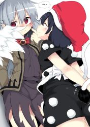Rule 34 | ..., 2girls, arms behind back, bare arms, black dress, blue hair, bow, bowtie, braid, broom, doremy sweet, dress, grey hair, hat, jacket, kishin sagume, lolimate, looking away, multiple girls, nightcap, open clothes, open jacket, pom pom (clothes), purple skirt, red eyes, red neckwear, short sleeves, skirt, skirt set, smile, spoken ellipsis, tail, tail wagging, tapir tail, touhou, white wings, wings