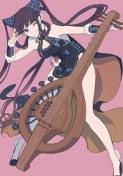 Rule 34 | 1girl, bare shoulders, black dress, black hair, blue eyes, breasts, china dress, chinese clothes, cleavage, cleavage cutout, closed mouth, clothing cutout, detached sleeves, double bun, dress, fate/grand order, fate (series), floating hair, flower, hair between eyes, hair bun, hair ornament, holding, instrument, isshoku (shiki), large breasts, long hair, looking at viewer, one eye closed, pink background, pipa (instrument), simple background, smile, solo, twintails, very long hair, yang guifei (fate), yang guifei (second ascension) (fate)