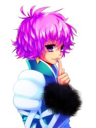 Rule 34 | 1girl, bad id, bad pixiv id, chikaredi, earrings, finger to mouth, fur trim, harold berselius, jewelry, long sleeves, nail polish, pink hair, purple eyes, short hair, solo, tales of (series), tales of destiny 2, white background