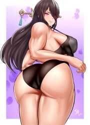 Rule 34 | 1girl, absurdres, arcedo, ass, ass focus, bare shoulders, beidou (genshin impact), black hair, breasts, eyepatch, from behind, from below, genshin impact, grin, hair ornament, hairpin, highres, huge ass, large breasts, leotard, long hair, looking at viewer, looking down, purple eyes, sideboob, smile, solo, thick thighs, thighs, very long hair