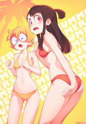 Rule 34 | 2girls, absurdres, ass, asymmetrical bangs, bad id, bad pixiv id, bikini, blonde hair, blue eyes, blunt bangs, blush, breasts, brown hair, collarbone, commentary, english commentary, freckles, glasses, gluteal fold, halterneck, highres, kagari atsuko, little witch academia, long hair, looking at viewer, lotte jansson, multiple girls, navel, once 11h, open mouth, orange bikini, ponytail, red bikini, red eyes, round eyewear, semi-rimless eyewear, short hair, small breasts, swimsuit, thighs