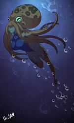 Rule 34 | 1girl, absurdres, breasts, cephalopod eyes, colored skin, commentary, competition swimsuit, english commentary, grey skin, highleg, highleg swimsuit, highres, large breasts, lilirulu, monster girl, one-piece swimsuit, original, scylla, solo, swimming, swimsuit, tentacle hair, underwater