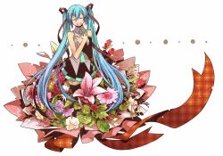 Rule 34 | 1girl, aqua hair, closed eyes, crossed arms, detached sleeves, flower, hair ribbon, hands on own chest, hatsune miku, long hair, mini person, minigirl, necktie, open mouth, ribbon, skirt, solo, thighhighs, twintails, very long hair, vocaloid, yosakuh